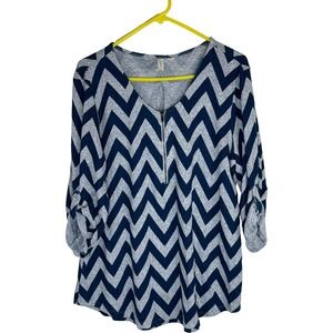 Tacera Womens XL Navy Blue Gray Chevron Zip V-Neck Roll Tab Sleeve Top 5001H